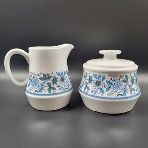 Noritake Progression China Blue Moon 9022 Floral Creamer & Sugar Bowl w/ Lid Set